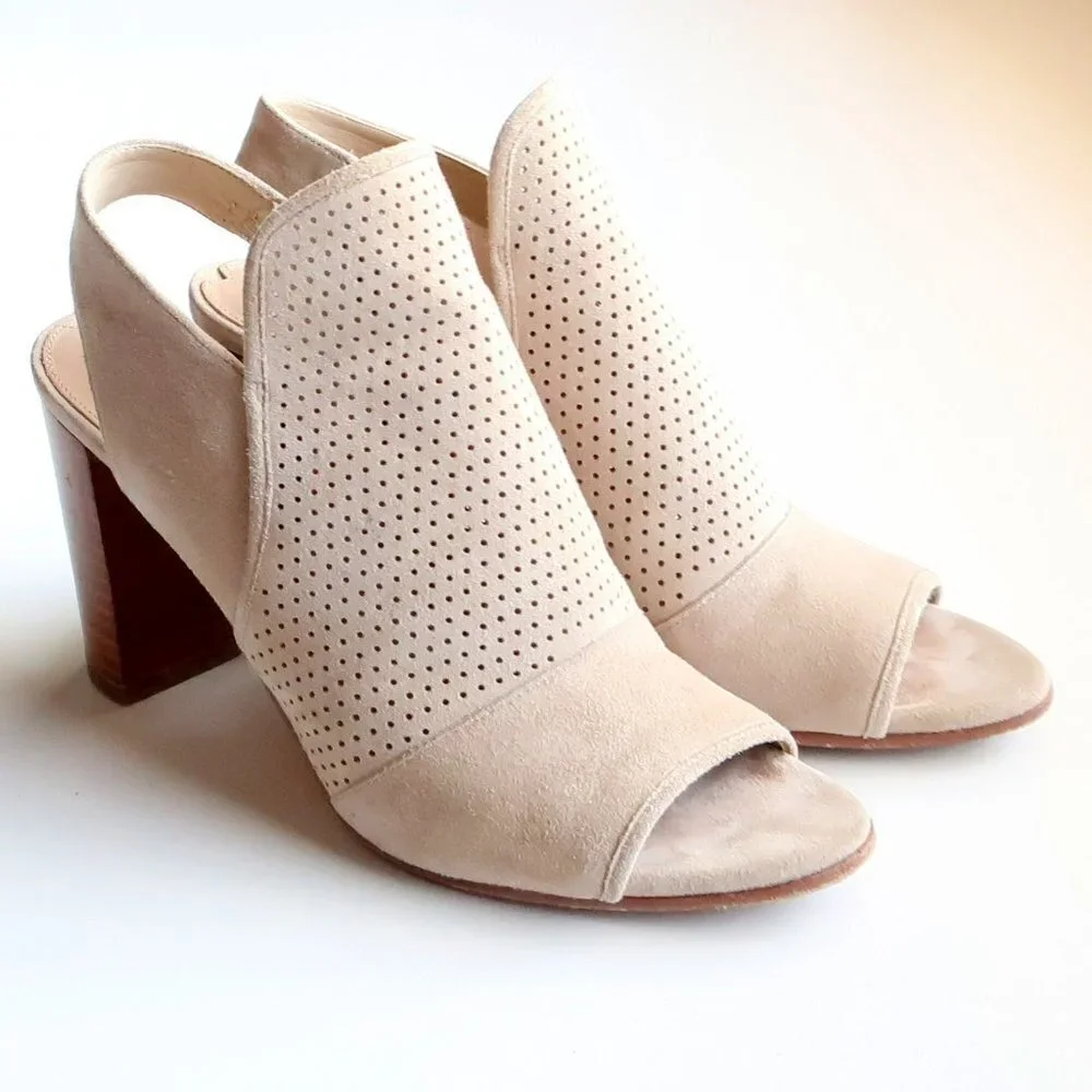 Via Spiga Beige Suede Leather Peep Toe Block Heel Perforated Bootie Shoes 5.5 - Picture 16 of 16